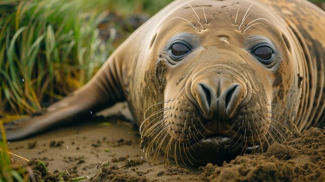 An up-close view of a weanling southern elephant seal (Mirounga leonina) in Gold Harbour, South Georgia Island