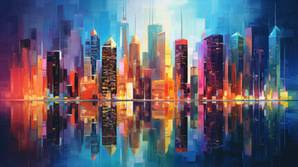 Obraz premium Abstract Cityscape Skyline at Night, with illuminated skyscrapers. Cityscape painting. Water reflection. Generative AI