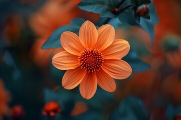 Closeup of a stunning orange dahlia against a dreamy, blurred background