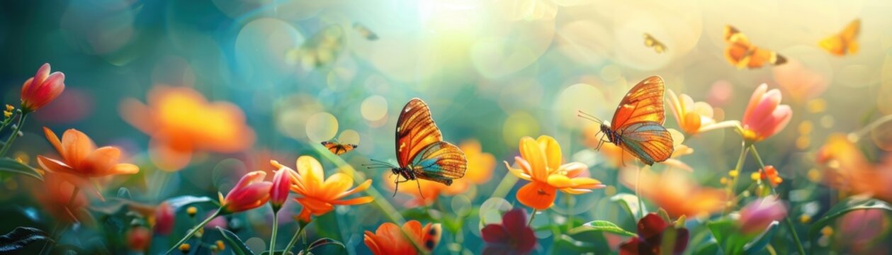 Vibrant butterflies fluttering in a spring garden