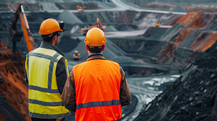 Close up of Two industrial workers in high visibility vests survey an open-pit mining operation