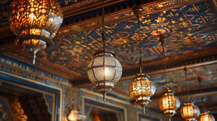 Obraz premium The ceiling is decorated with many colorful lights, creating a warm