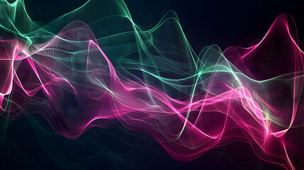 Fototapeta premium abstract background of pink light green frequency signal waves as particles passing against dark background