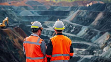 Close up of Two industrial workers in high visibility vests survey an open-pit mining operation