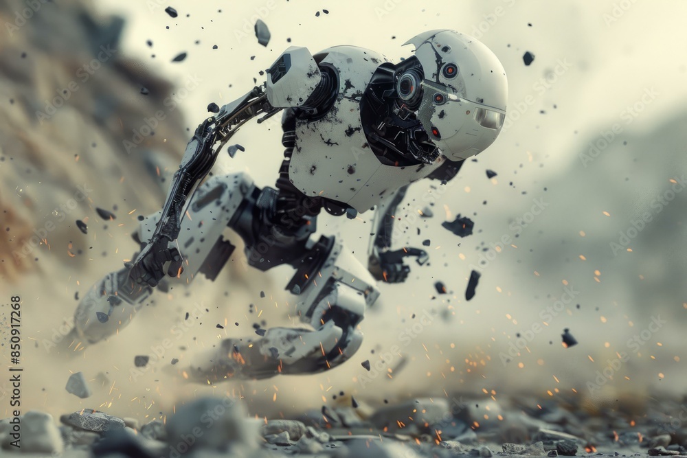 Poster Futuristic humanoid robot races across a chaotic terrain strewn with rubble