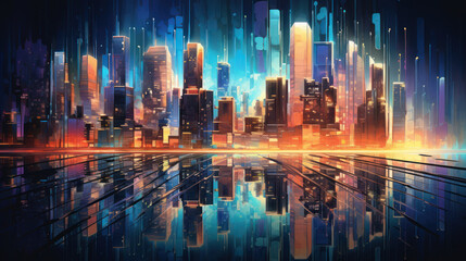 Obraz premium Abstract Cityscape Skyline at Night, with illuminated skyscrapers. Cityscape painting. Water reflection. Generative AI