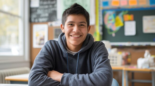 Happy Native American High School Student Seated in Classroom, Embracing Academic Success, Diversity and Positive Learning Environment