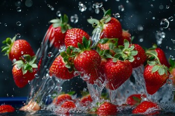 Ripe strawberries with a dynamic water splash on a dark blue background