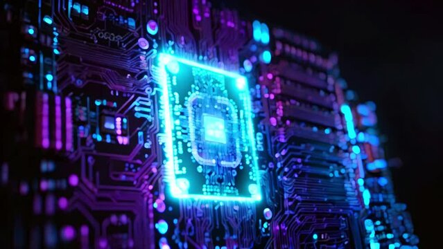 A glowing blue and purple circuit board with a bright white light in the center.