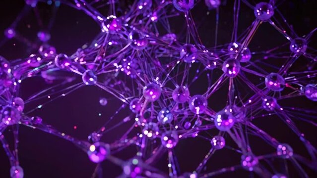 This is a computer-generated video of a network of interconnected neurons. The neurons are purple and the background is black.