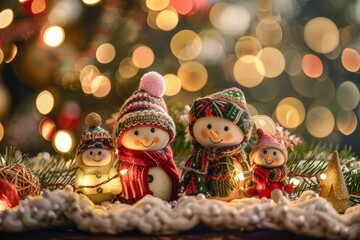 Charming snowman figures in knitwear amidst holiday decor and twinkling lights