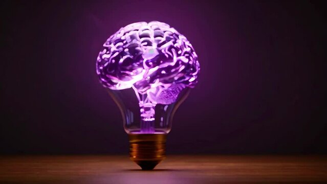 A light bulb shaped like a human brain, glowing purple.
