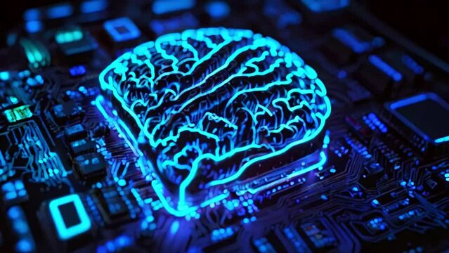 A glowing blue brain-shaped object on a black background with many tiny glowing blue and green lights.