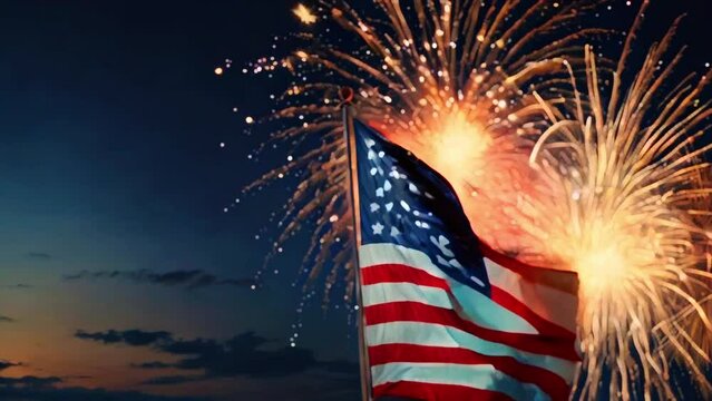 There is an American flag in front of a night sky with bright, colorful fireworks exploding in the background. independence day 4 july