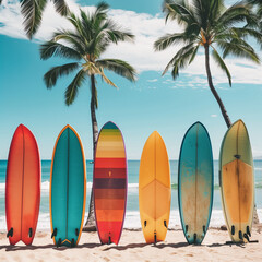 A collection of colorful surfboards lined up on a white sandy tropical beach surrounded by palm trees and the turquoise ocean in the background.