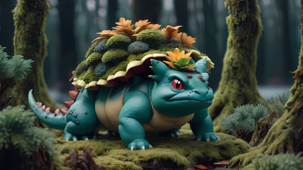 A realistic Venusaur animal among the trees, forest lake, moss, cold weather, dark teal and amber, Sony A7 IV