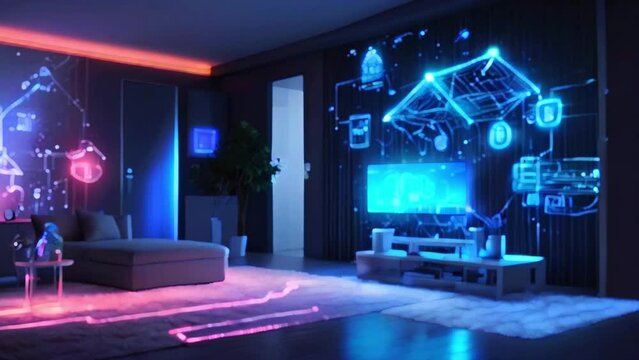 A living room with a large TV and a lot of technology. There are blue and purple lights everywhere.