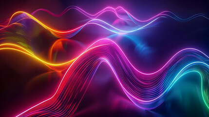 Obraz premium Colorful glowing neon lines on black surface, bright abstract background
