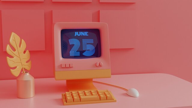 Neon Retro Calendar  - June 25 Displayed on Vintage Computer Screen with 80s Style Graphics