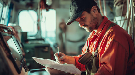 Seafarer or seaman filling checklist during work