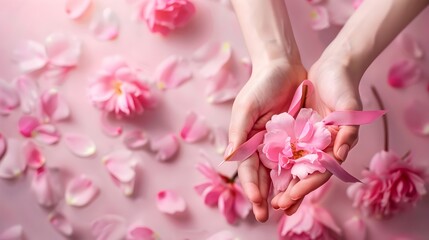 women hands holding pink rose petals with pink ribbon