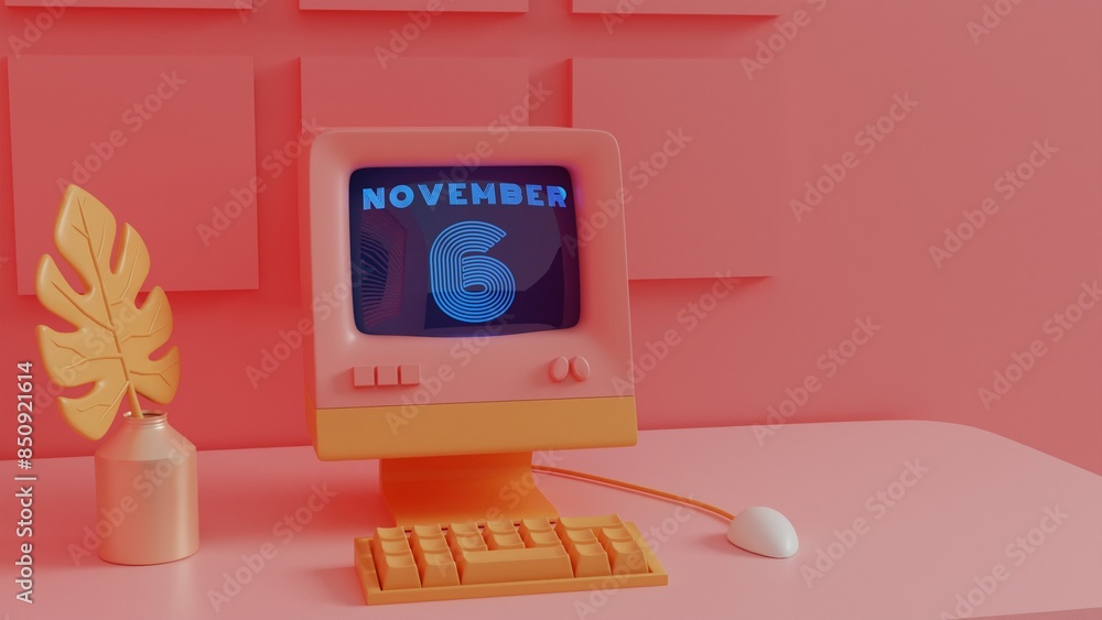 Poster neon retro calendar - november 6 displayed on vintage computer screen with 80s style graphics