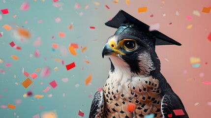 Surreal Falcon Wearing Graduation Attire on Confetti Background