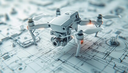 A detailed drone model stands over engineering blueprints, illuminated by a soft glow emphasizing technology and design