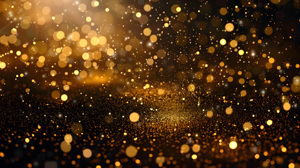 Shining golden floor particle stars dust with gold particles on black abstract background