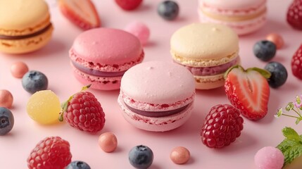 Fototapeta premium Colorful Assortment of Macarons with Fresh Berries on Pink Background