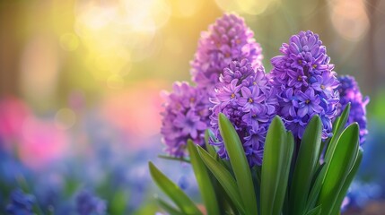 Obraz premium Lavender Hyacinths in Sunlit Garden with Bokeh Background