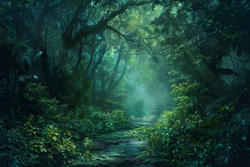 Obraz premium Mystic twilight illuminates an enchanted forest with lush foliage and shimmering lights