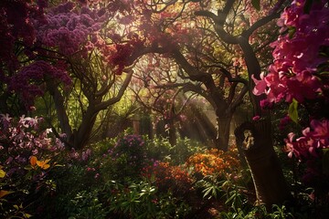 Warm sunrise light piercing through a magical garden full of blooming flowers and trees