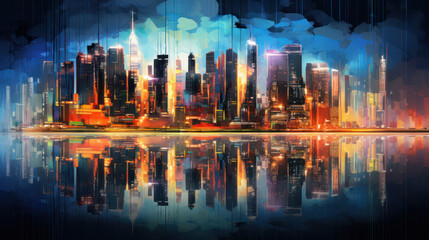 Obraz premium Dynamic Urban Nightscape, Abstract City Skyline. Generative AI