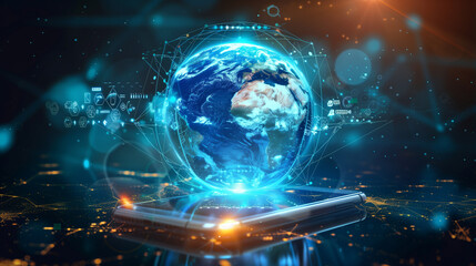 Obraz premium Mobile global internet communications. World wide web on phone via wireless satellite network technology. Smartphone digital connection at clouds services of all earth. Holographic abstract interface