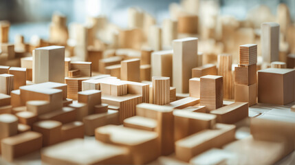 Wooden Cityscape Model, Architectural Design Concept, Urban Planning in Miniature
