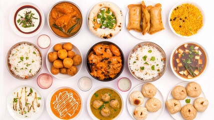 Top view collection of Indian foods isolated on a white background, including momos, butter chicken curry and rice, samosas, and pani puri