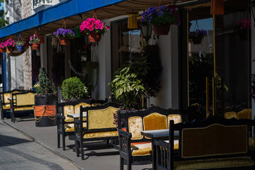 an outdoor cafe seating area with plush yellow and black seats, shaded by an awning. Above, hanging flower pots add pops of pink and purple to the scene plants decorate the cafe's interior