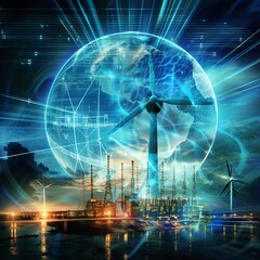 Fototapeta premium Global energy grids, wireless power transfer, fusion reactors, renewable resources, futuristic energy solutions, (Corel Painter), (nature illustration), (digital pastel)