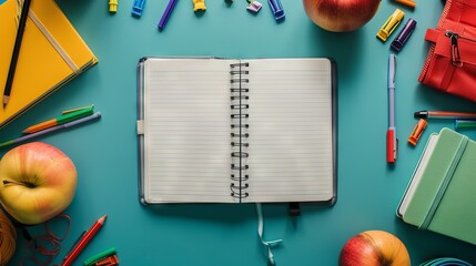 Open notebook amid colorful school supplies on desk


