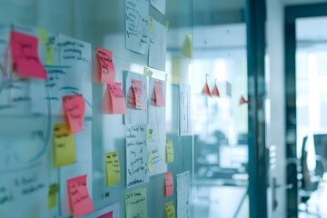 A team of professionals engaged in a brainstorming session, writing ideas on sticky notes and arranging them on a wall.


