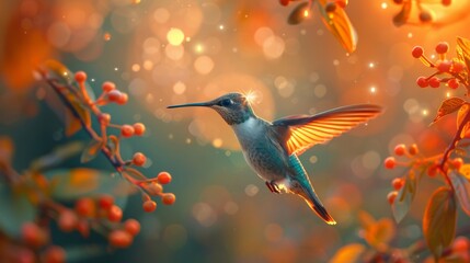 Fototapeta premium Hummingbird in Golden Light Amidst Autumn Foliage, Captured in a Dreamlike Forest Setting
