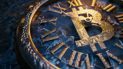 Clock with a bitcoin symbol on the dial. The timepiece is elegant and modern, and the bitcoin symbol stands out clearly against the dial.