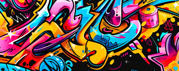 Black background with bright, bold graffiti art in multiple colors.