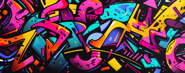 Black background with bright, bold graffiti art in multiple colors.