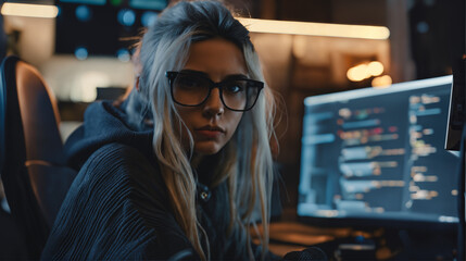 Programmer Software Engineer Woman in Tech Environment, Analyzing Data, Modern IT Professional