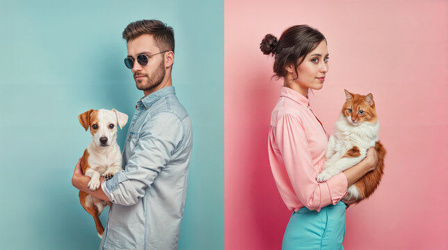 A guy holding a jack russell terrier dog on a pastel blue background vs a woman holding a cute red cat on a light pink background