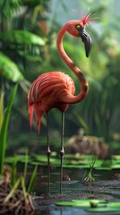 Pink flamingo standing in shallow water of tropical swamp