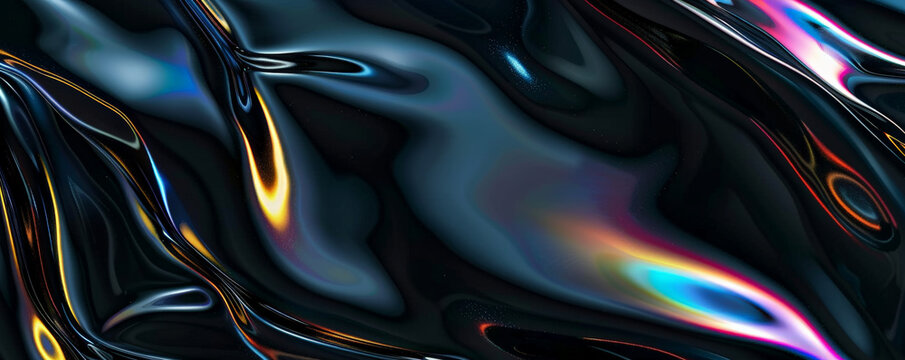 Black background with glossy, reflective surfaces and colorful light reflections.