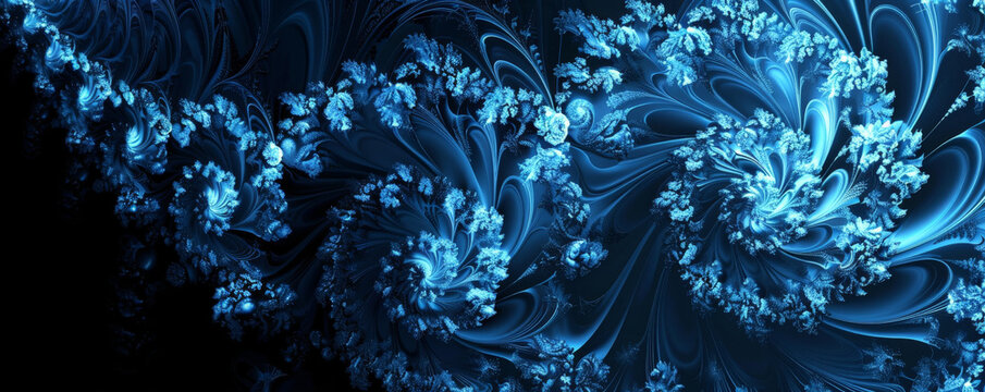 Fototapeta Black background with intricate, glowing blue fractal patterns.